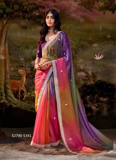 Multicolored Dolla Silk Embroidered Wedding-Wear Saree With Contrast Blouse