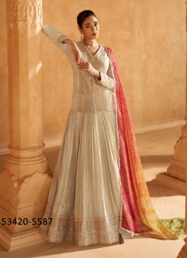 Light Beige Viscose Jacquard Silk Readymade Lehenga with Bandhani Printed Dupatta & Long Full Sleeve Blouse [Jacket]