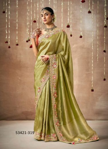 Olive Green Organza Silk Handworked Wedding-Wear Bridal Saree