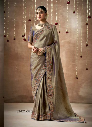 Dark Gray Organza Silk Handworked Wedding-Wear Bridal Saree