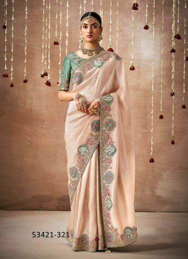 Light Pink Organza Silk Handworked Wedding-Wear Bridal Saree