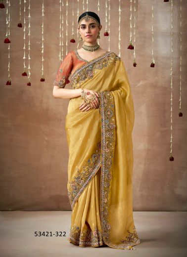 Yellow Organza Silk  Handworked Wedding-Wear Bridal Saree