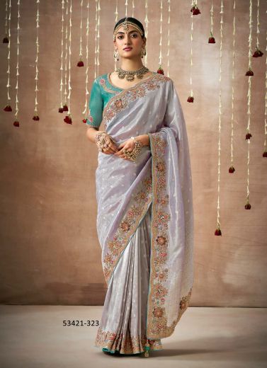 Light Lilac Organza Silk Handworked Wedding-Wear Bridal Saree