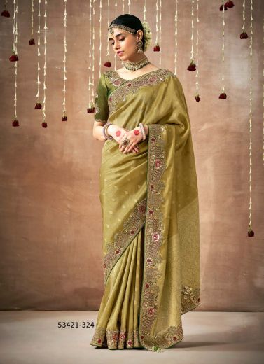 Olive Green Organza Silk Handworked Wedding-Wear Bridal Saree