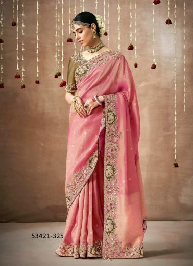 Pink Organza Silk Handworked Wedding-Wear Bridal Saree