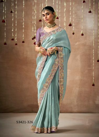 Light Blue Organza Silk Handworked Wedding-Wear Bridal Saree