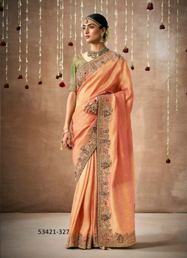 Light Salmon Organza Silk Handworked Wedding-Wear Bridal Saree