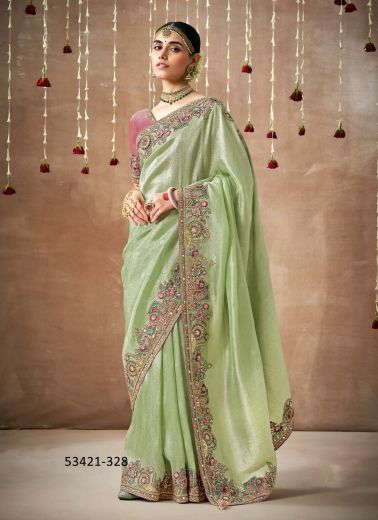 Light Green Organza Silk Handworked Wedding-Wear Bridal Saree