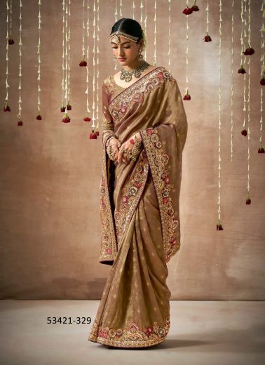 Brown Organza Silk Handworked Wedding-Wear Bridal Saree