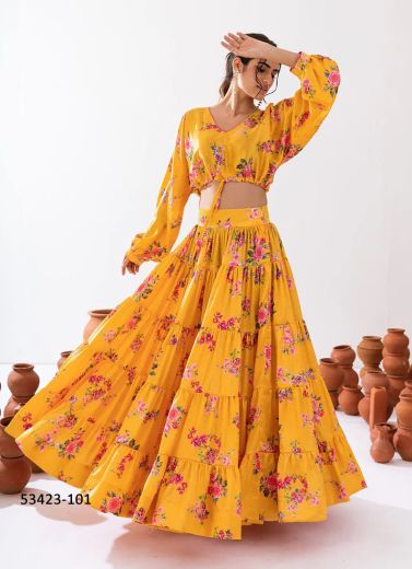 Yellow Chinon Digitally Printed Resort-Wear Readymade Choli & Skirt Set