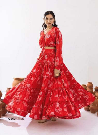 Red Chinon Digitally Printed Resort-Wear Readymade Choli & Skirt Set