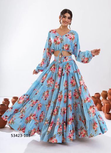 Sky Blue Chinon Digitally Printed Resort-Wear Readymade Choli & Skirt Set