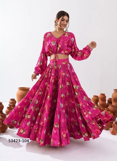 Magenta Chinon Digitally Printed Resort-Wear Readymade Choli & Skirt Set