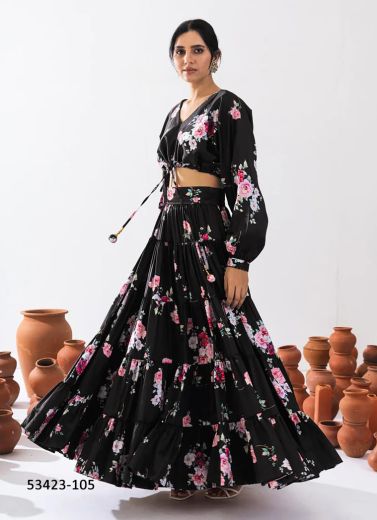 Black Chinon Digitally Printed Resort-Wear Readymade Choli & Skirt Set