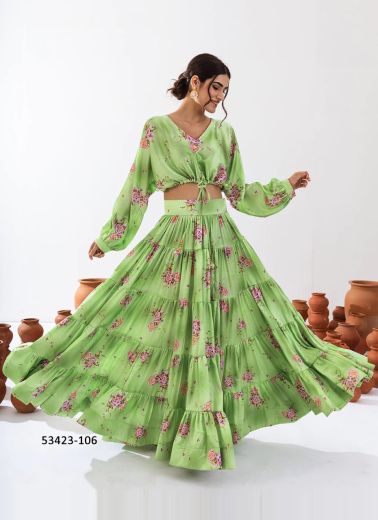 Light Green Chinon Digitally Printed Resort-Wear Readymade Choli & Skirt Set