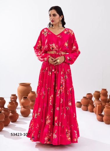 Dark Pink Chinon Digitally Printed Resort-Wear Readymade Choli & Skirt Set