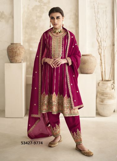 Wine Red Silk Embroidered Festive-Wear Readymade Salwar Kameez With Afghani Pant