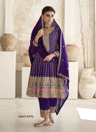 Violet Silk Embroidered Festive-Wear Readymade Salwar Kameez With Afghani Pant