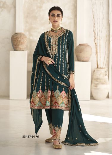 Teal Green Silk Embroidered Festive-Wear Readymade Salwar Kameez With Afghani Pant