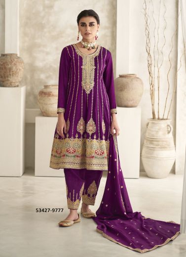 Purple Silk Embroidered Festive-Wear Readymade Salwar Kameez With Afghani Pant