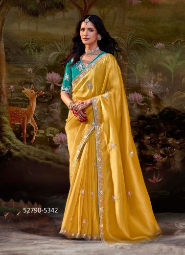 Yellow Dolla Silk Embroidered Wedding-Wear Saree With Contrast Blouse