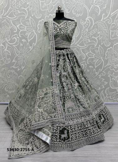 Sage Blue Velvet Handworked Wedding-Wear Bridal Lehenga Choli