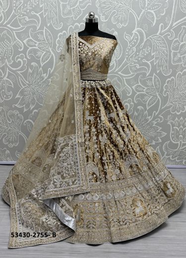 Golden Brown Velvet Handworked Wedding-Wear Bridal Lehenga Choli