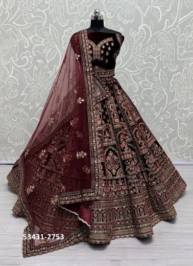 Dark Maroon Velvet Handworked Wedding-Wear Bridal Lehenga Choli