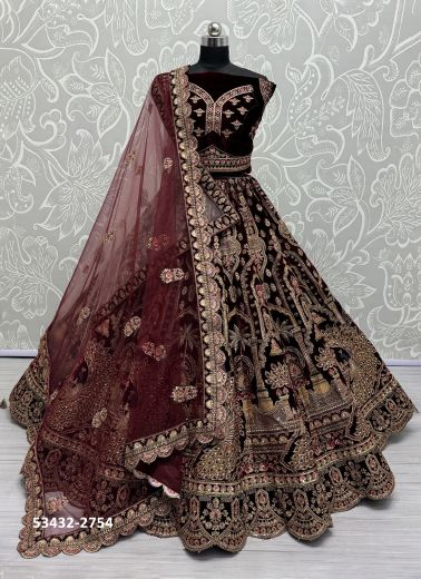 Dark Maroon Velvet Handworked Wedding-Wear Bridal Lehenga Choli