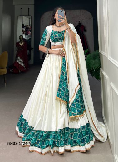 White & Teal Blue Rayon Bandhani Printed Navratri Special Readymade Lehenga Choli [Chaniya Choli For Garba]