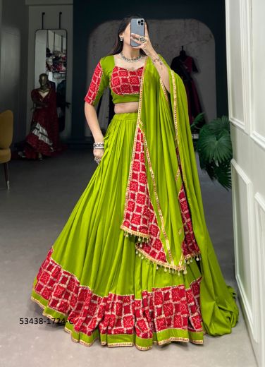 Parrot Green & Red Rayon Bandhani Printed Navratri Special Readymade Lehenga Choli [Chaniya Choli For Garba]