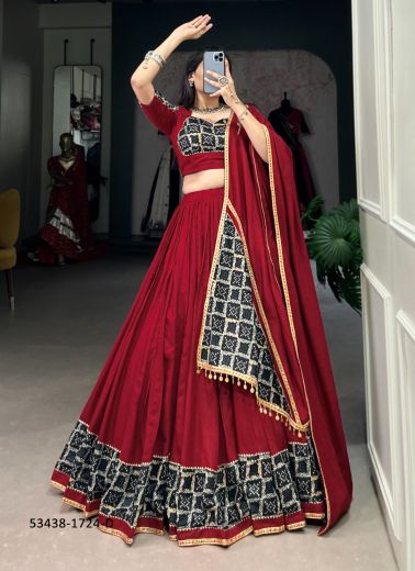 Crimson Red & Black Rayon Bandhani Printed Navratri Special Readymade Lehenga Choli [Chaniya Choli For Garba]