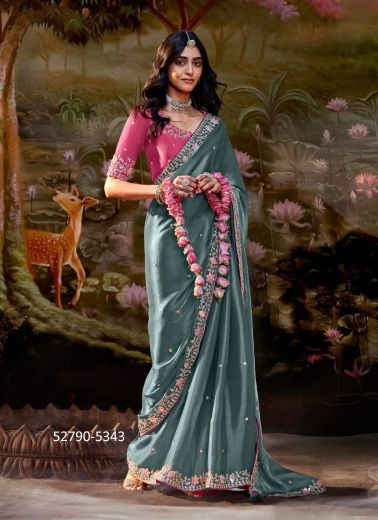 Sage Blue Dolla Silk Embroidered Wedding-Wear Saree With Contrast Blouse