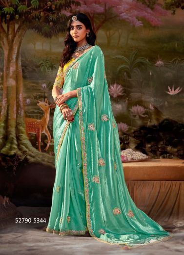 Aqua Dolla Silk Embroidered Wedding-Wear Saree With Contrast Blouse