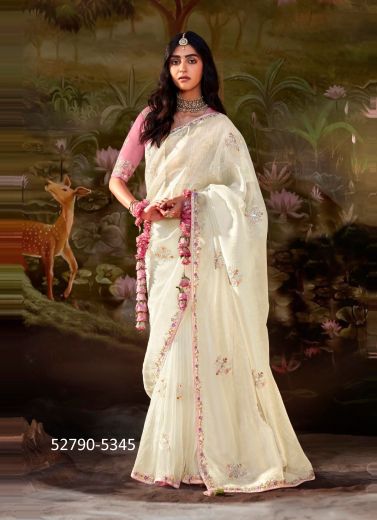 White Dolla Silk Embroidered Wedding-Wear Saree With Contrast Blouse