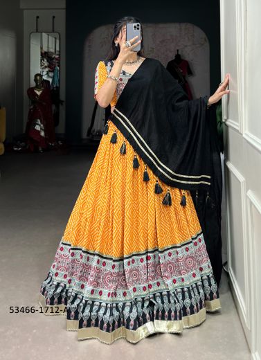 Orange & Light Blue Rayon Bandhani Printed Festive-Wear Traditional Readymade Lehenga Choli