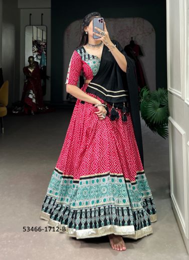 Crimson Red & Teal Blue Rayon Bandhani Printed Festive-Wear Traditional Readymade Lehenga Choli