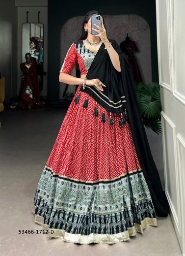 Red & Light Blue Rayon Bandhani Printed Festive-Wear Traditional Readymade Lehenga Choli