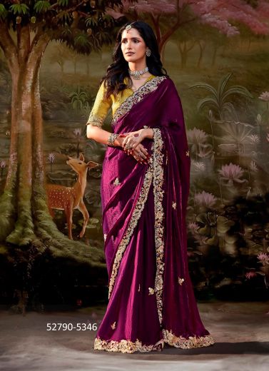 Purple Dolla Silk Embroidered Wedding-Wear Saree With Contrast Blouse