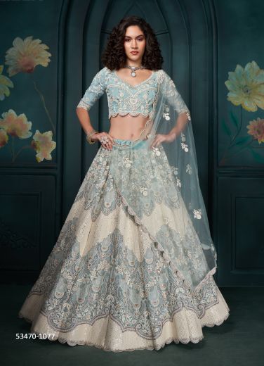 White & Light Blue Georgette Sequins-Work Wedding-Wear Stylish Lehenga Choli