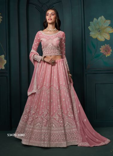 Pink Georgette Sequins-Work Wedding-Wear Stylish Lehenga Choli