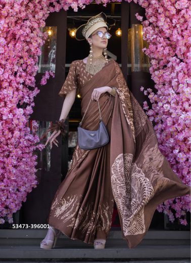 Coffee Brown & White Satin Crepe Digitally Printed Vibrant Saree For Kitty-Parties