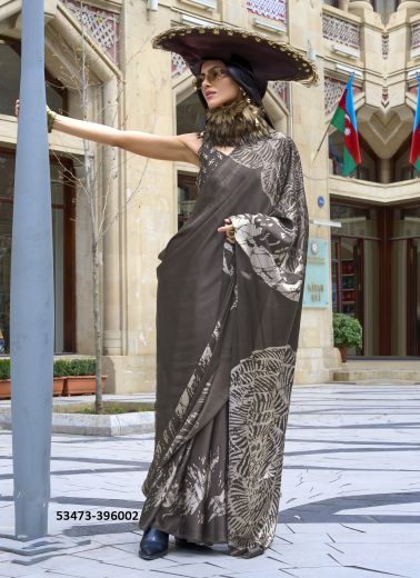 Gray & White Satin Crepe Digitally Printed Vibrant Saree For Kitty-Parties