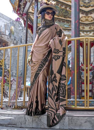 Dark Brown & Black Satin Crepe Digitally Printed Vibrant Saree For Kitty-Parties