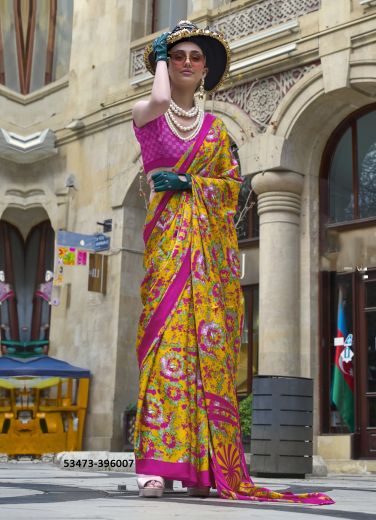 Yellow & Magenta Satin Crepe Digitally Printed Vibrant Saree For Kitty-Parties