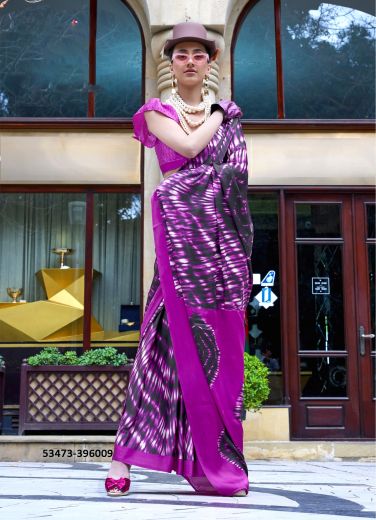 Purple & Black Satin Crepe Digitally Printed Vibrant Saree For Kitty-Parties