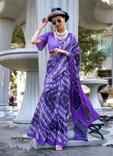 Violet & White Satin Crepe Digitally Printed Vibrant Saree For Kitty-Parties