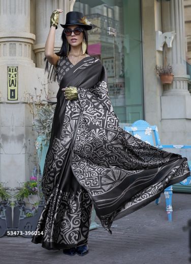 Black & White Satin Crepe Digitally Printed Vibrant Saree For Kitty-Parties