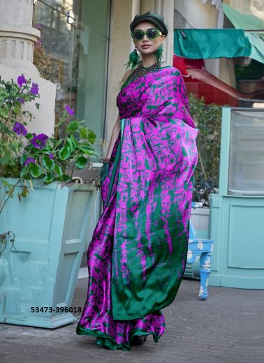 Magenta & Teal Green Satin Crepe Digitally Printed Vibrant Saree For Kitty-Parties