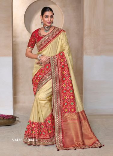 Cream & Red Embroidered Wedding-Wear Kanjivaram Silk Saree